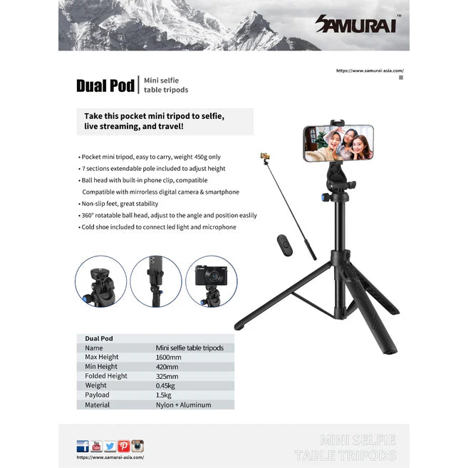 Samurai - Tripod Dual Pod / Build-in Bluetooth Remote / Mini selfie table stand pocket-sized For Phone/Camera