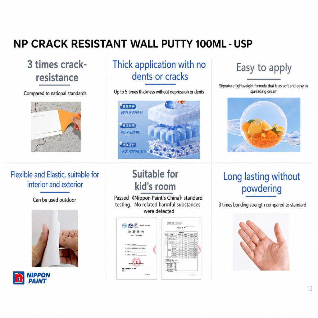 Nippon Paint Crack Resistant Wall Putty 100ml White DIY Wall Repair Filler fo...