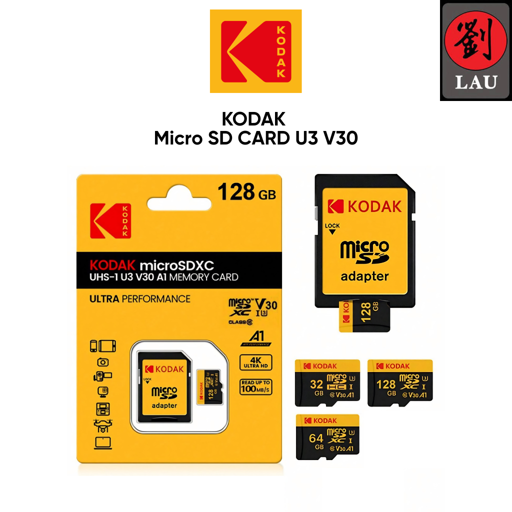 KODAK MicroSD Card with Adapter Ultra Performance Class 10 UHS-I U3 V30 A1 Memory Card