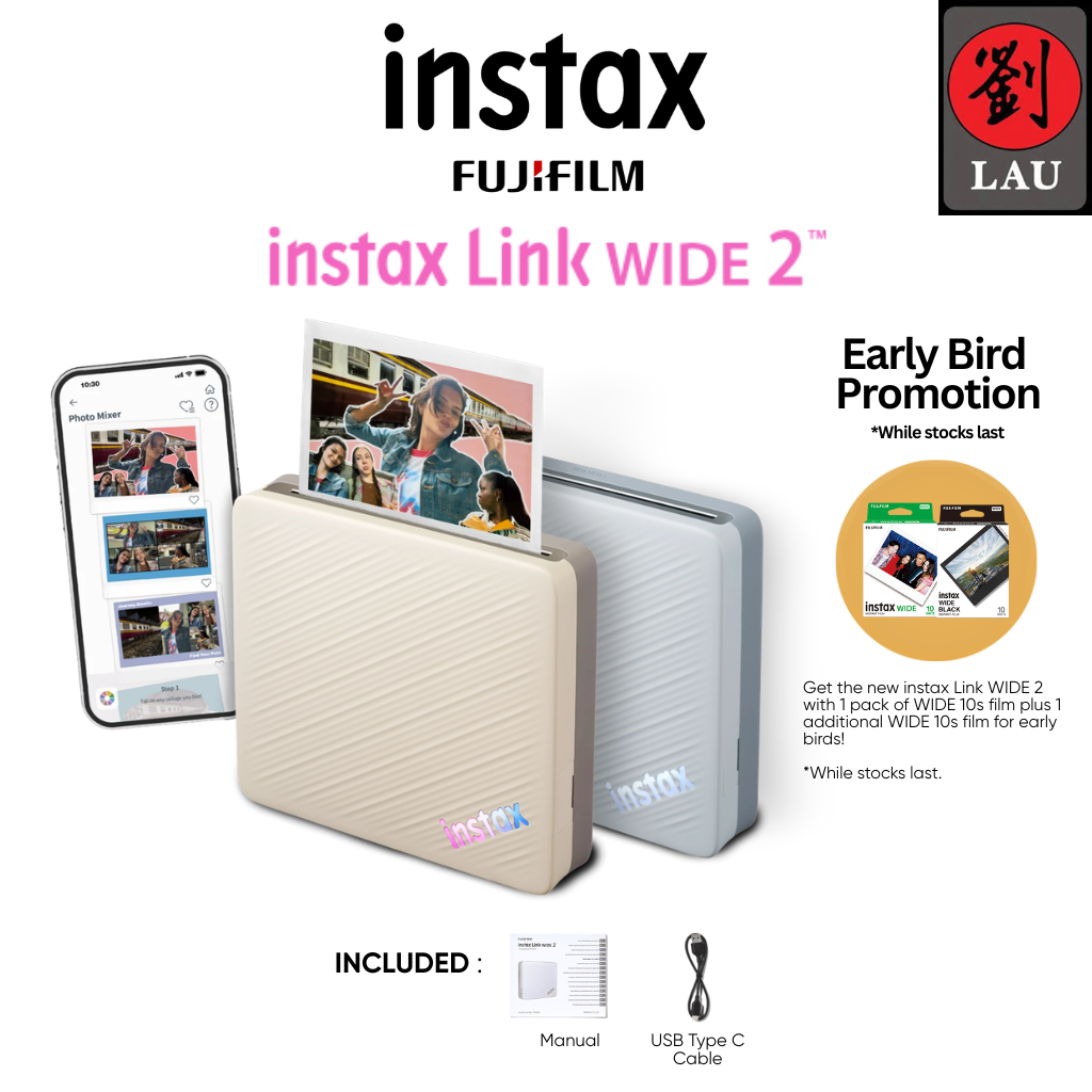 NEW FUJIFILM instax Link WIDE 2 Smartphone Printer (Beige/Blue) with USB Type C Cable