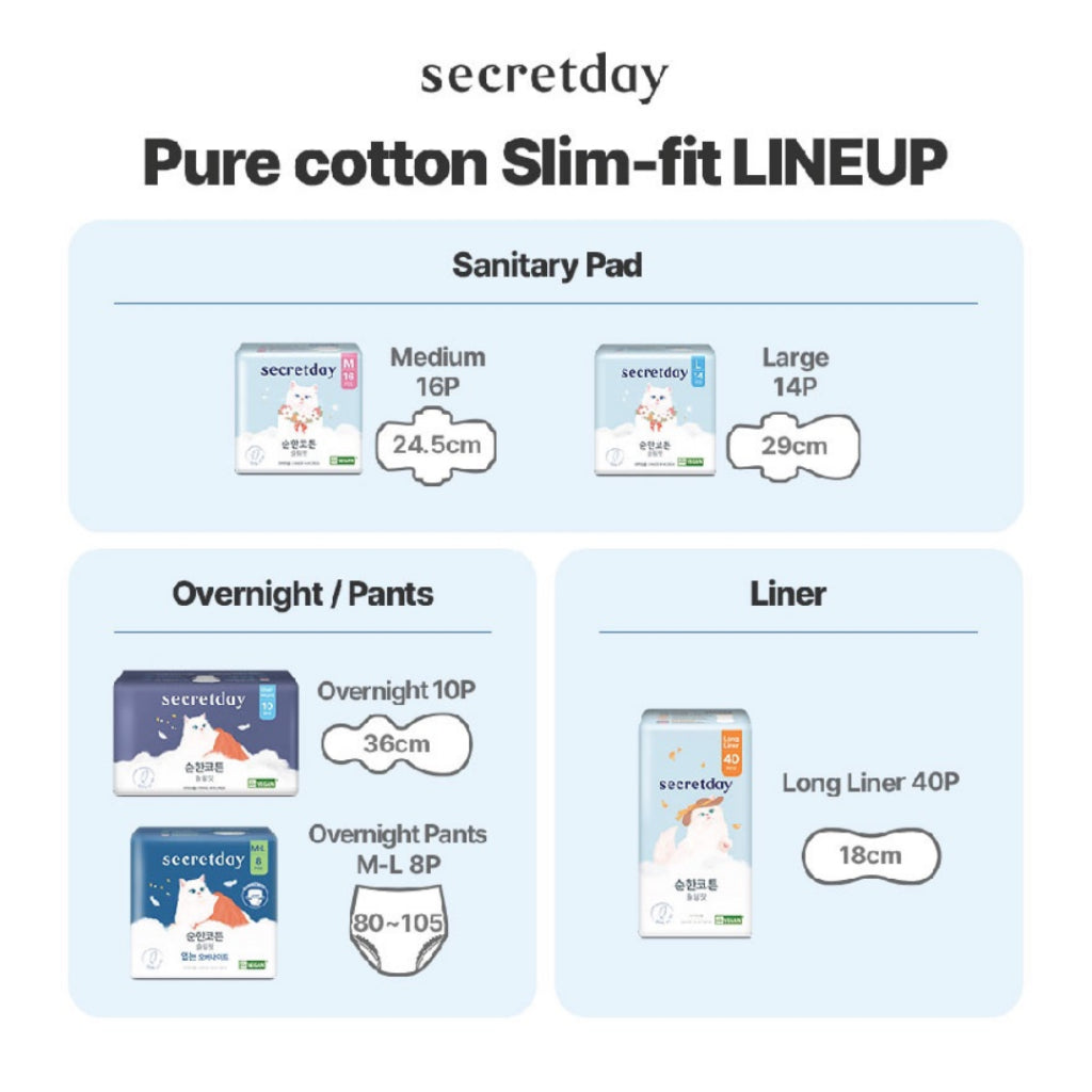 SECRETDAY Pure Cotton Slim Fit Sanitary Pads Large 29cm 14s | Ultra Soft & Slim | Breathable | Gentle for Sensitive Skin