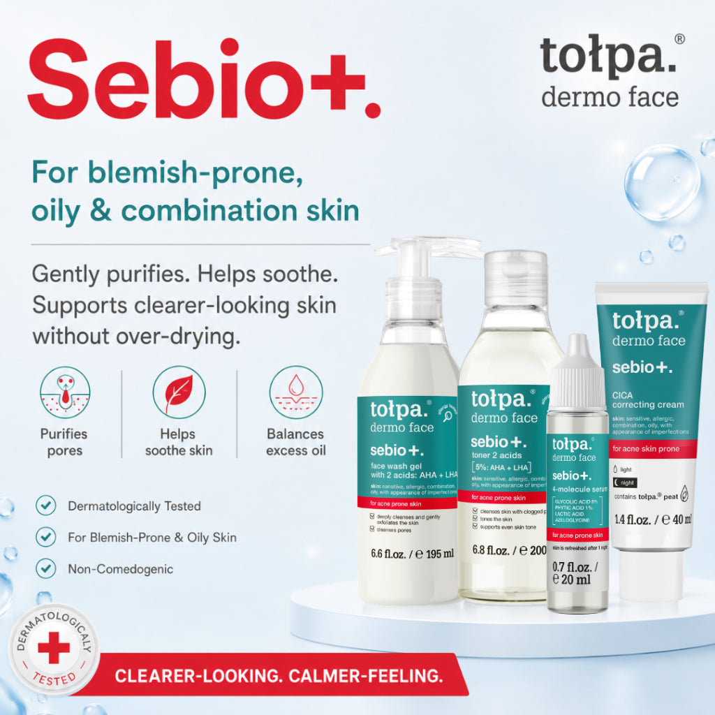 Tolpa Sebio+ Skincare Set | AHA LHA Face Wash Gel, Toner & CICA Correcting Cream for Blemish-Prone Skin
