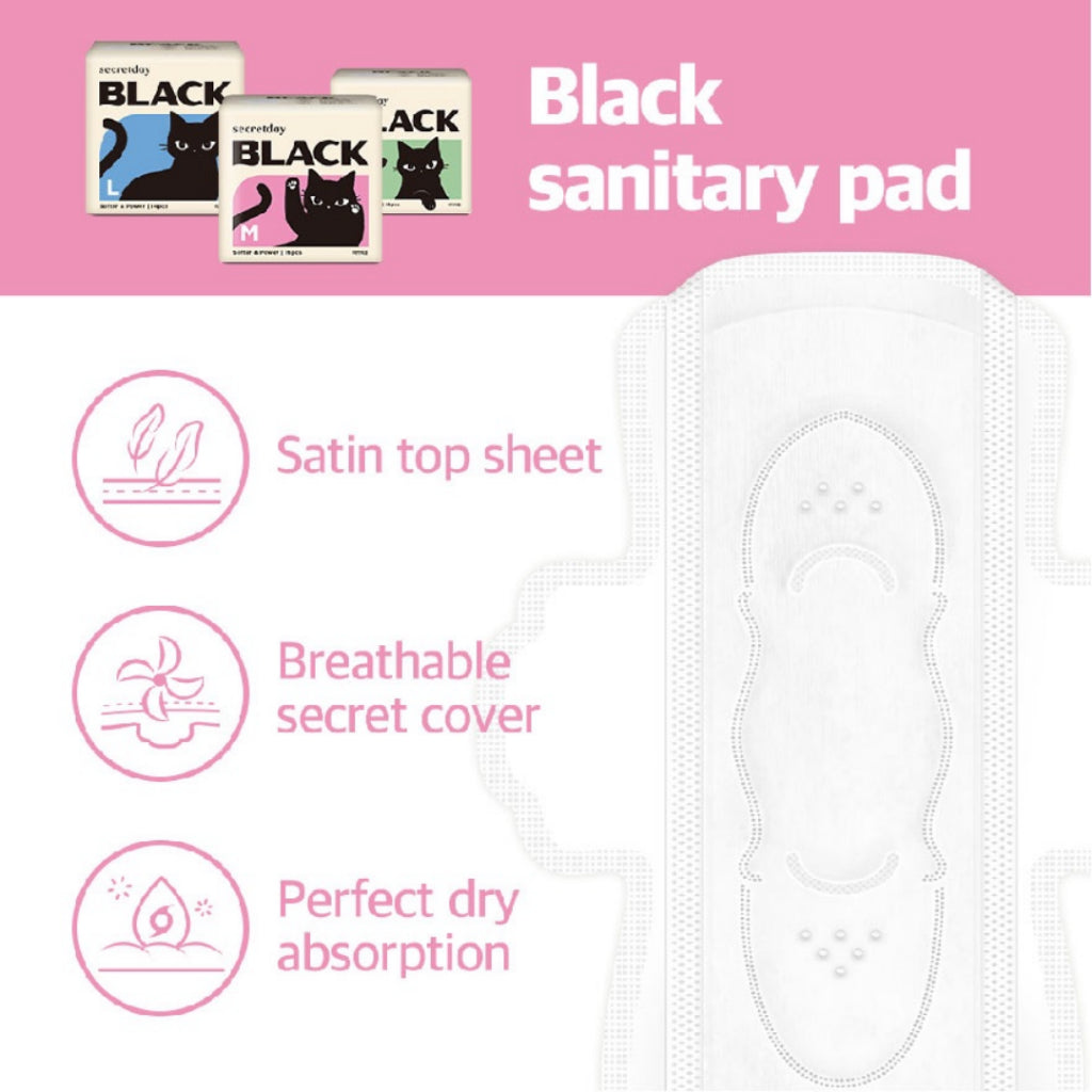 SECRETDAY Black Medium, 24.5CM, 16P | Strong Absorption | Prevent Leakage | Soft | Feminine Care