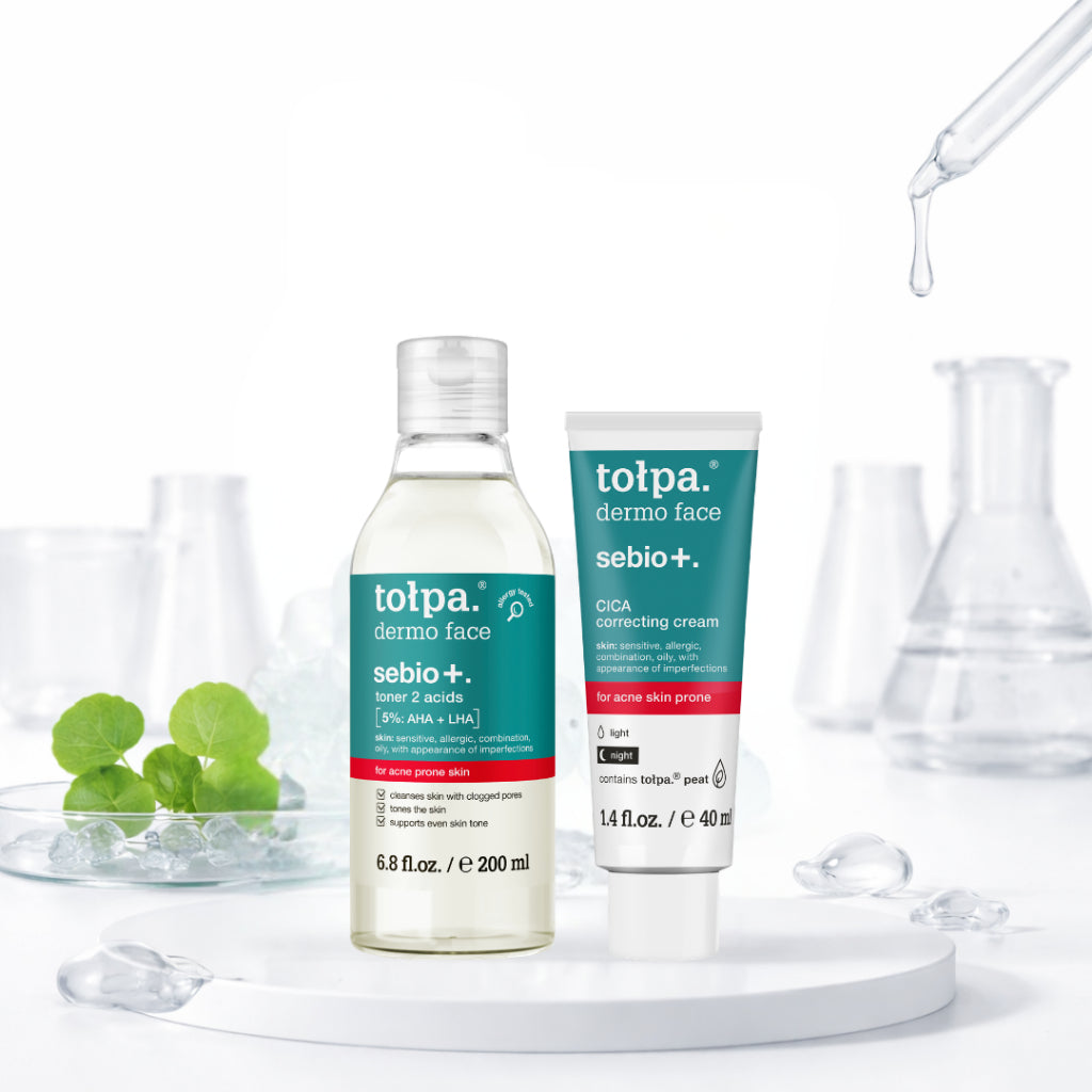 Tolpa Sebio+ Skincare Set | AHA LHA Face Wash Gel, Toner & CICA Correcting Cream for Blemish-Prone Skin