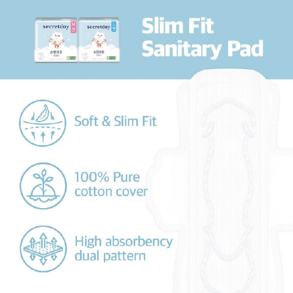 SECRETDAY Pure Cotton Slim Fit Sanitary Pads Large 29cm 14s | Ultra Soft & Slim | Breathable | Gentle for Sensitive Skin