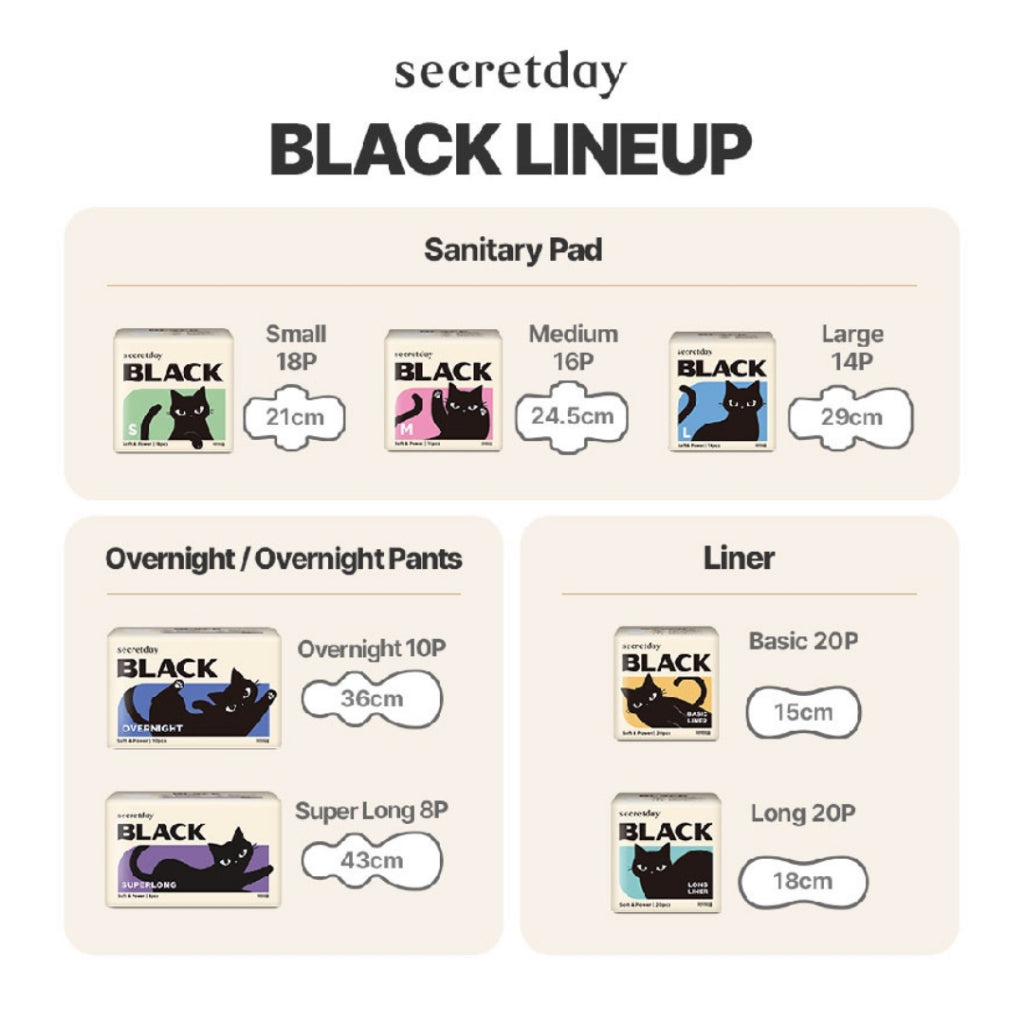SECRETDAY Black Medium, 24.5CM, 16P | Strong Absorption | Prevent Leakage | Soft | Feminine Care