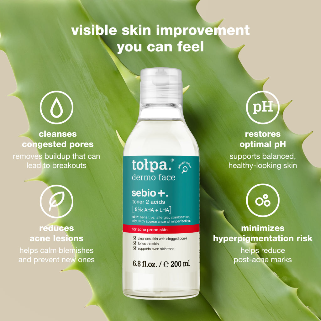 Tolpa Sebio+ Acne Treatment Set | AHA LHA Face Wash Gel | Toner | CICA Correcting Cream | Serum