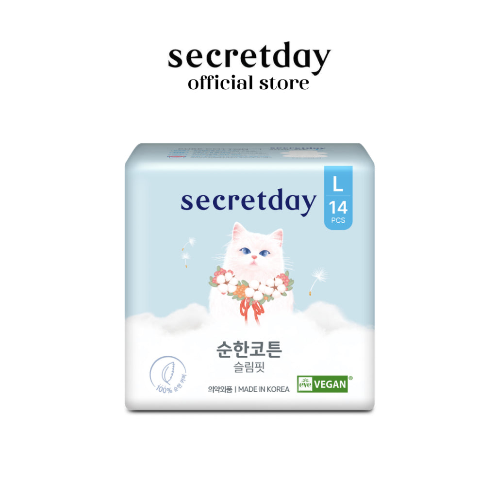 SECRETDAY Pure Cotton Slim Fit Sanitary Pads Large 29cm 14s | Ultra Soft & Slim | Breathable | Gentle for Sensitive Skin