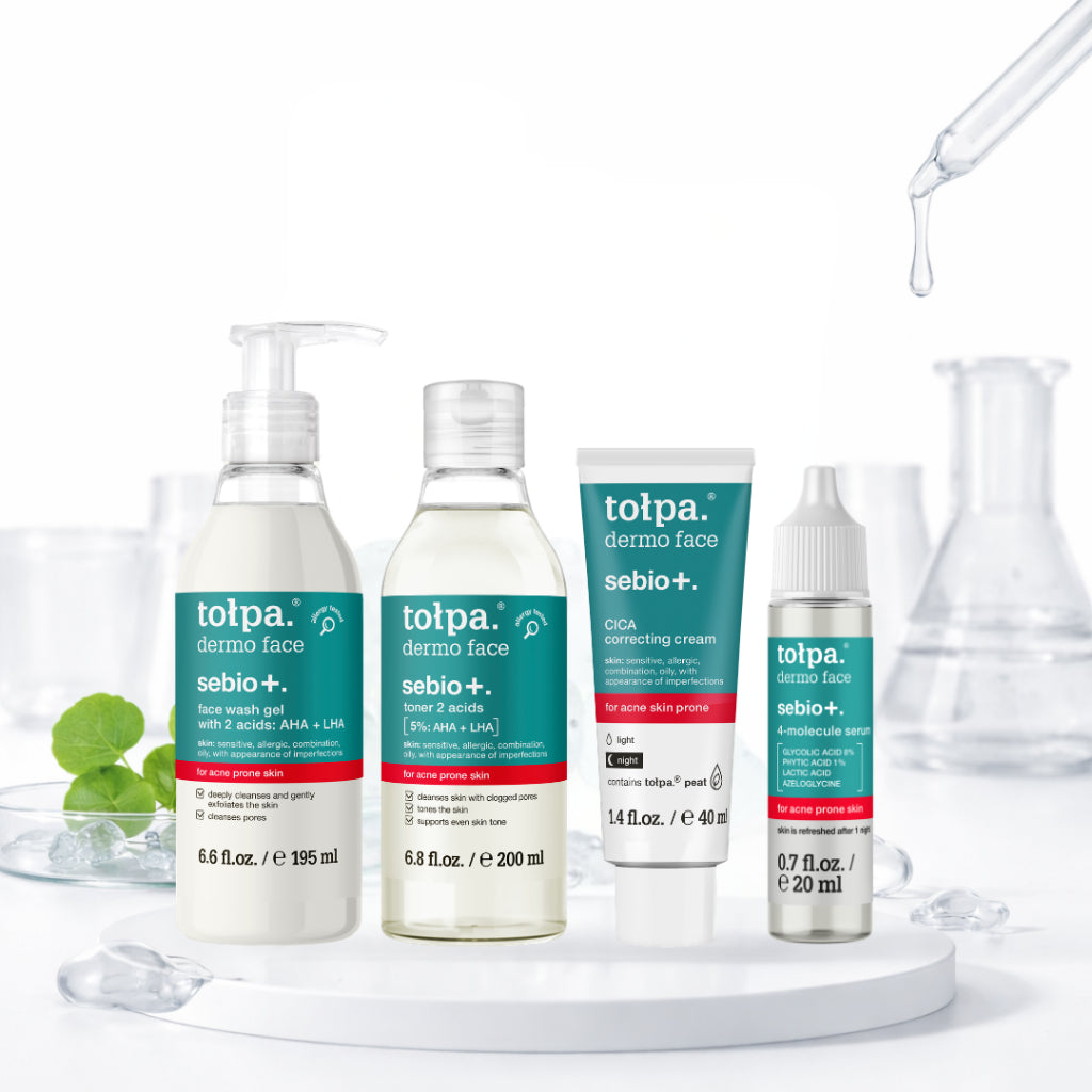 Tolpa Sebio+ Skincare Set | AHA LHA Face Wash Gel, Toner & CICA Correcting Cream for Blemish-Prone Skin