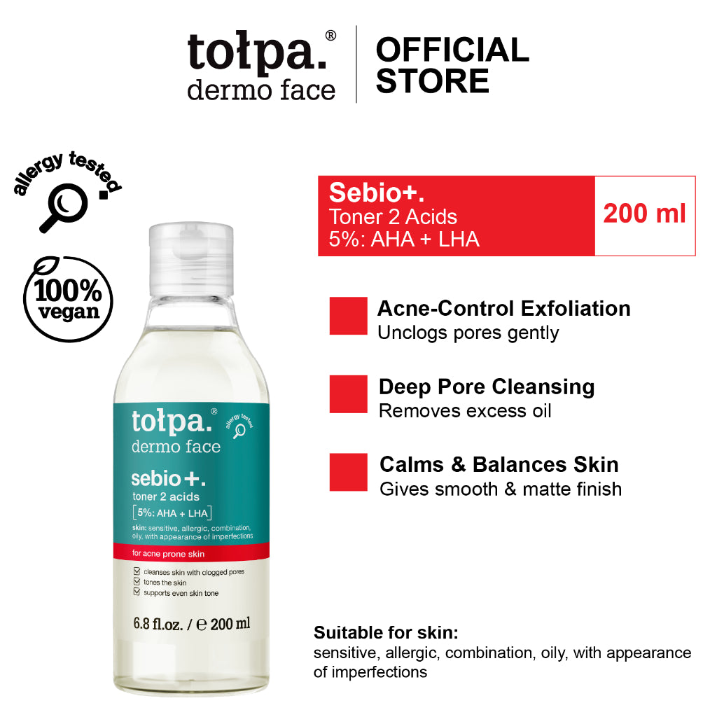 Tolpa Sebio+ Toner 2 Acids 5% AHA + LHA 200ml | Acne-Prone Skin | Gentle Exfoliating Toner | Oil Control