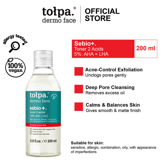 Tolpa Sebio+ Toner 2 Acids 5% AHA + LHA 200ml | Acne-Prone Skin | Gentle Exfoliating Toner | Oil Control