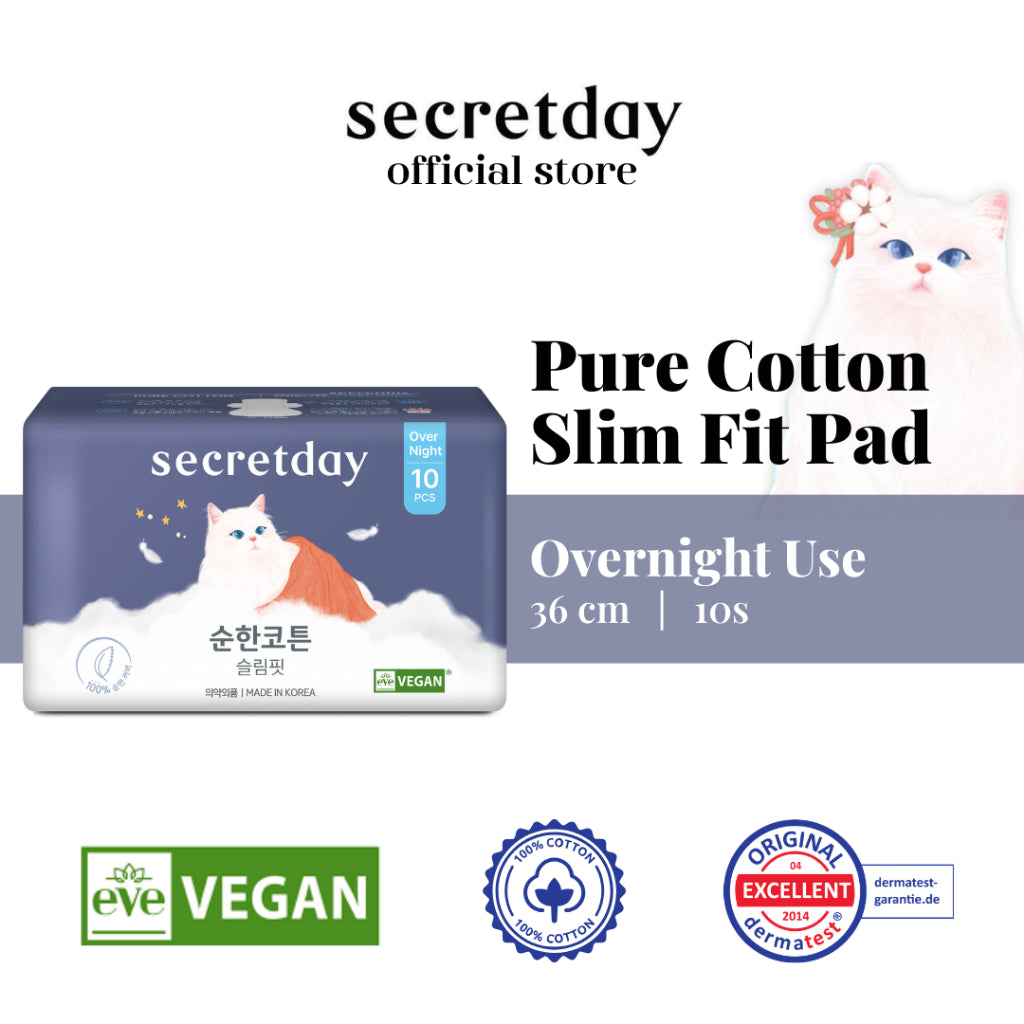 SECRETDAY Pure Cotton Slim-Fit Overnight 36cm 10s | Ultra Soft & Slim | Breathable | Gentle for Sensitive Skin