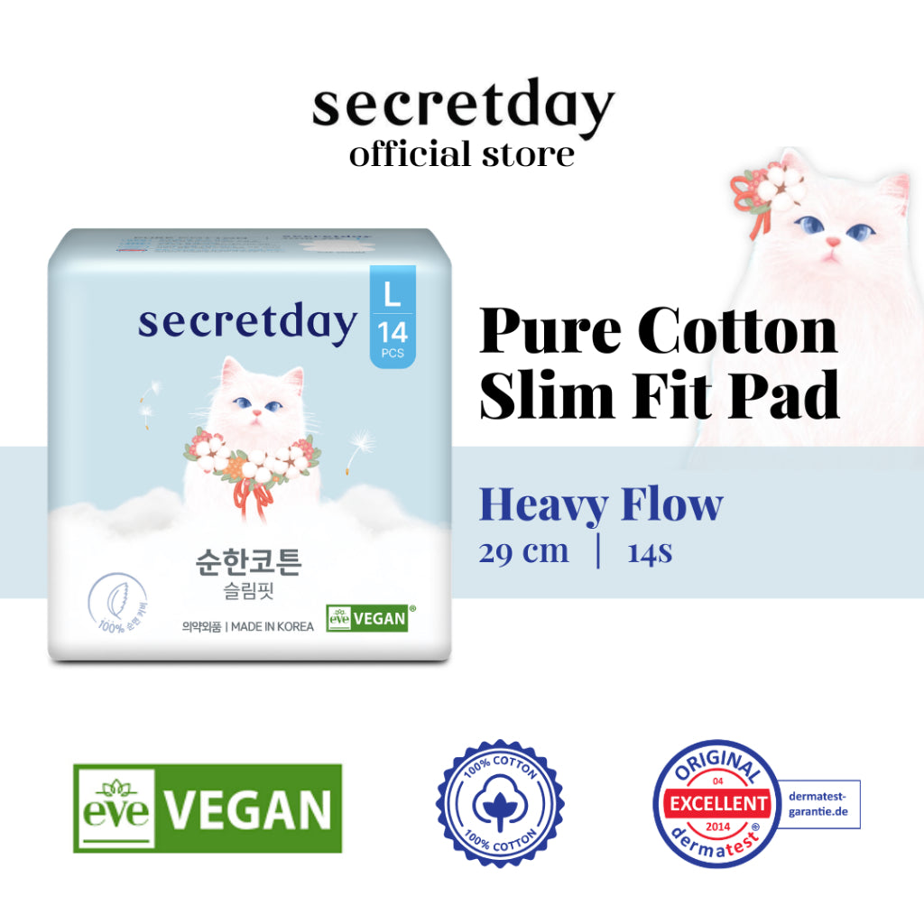 SECRETDAY Pure Cotton Slim Fit Sanitary Pads Large 29cm 14s | Ultra Soft & Slim | Breathable | Gentle for Sensitive Skin