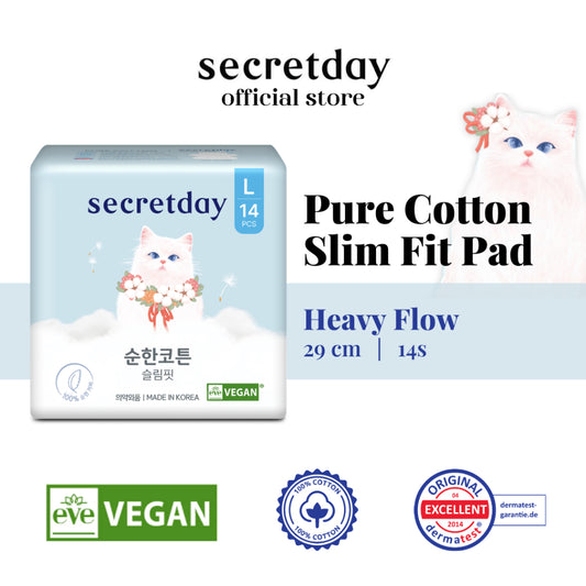SECRETDAY Pure Cotton Slim Fit Sanitary Pads Large 29cm 14s | Ultra Soft & Slim | Breathable | Gentle for Sensitive Skin