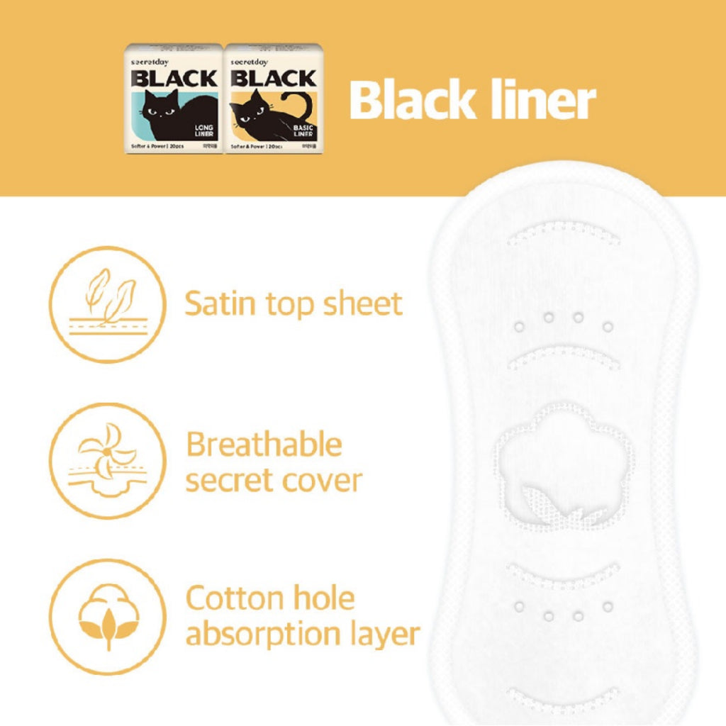 SECRETDAY Black Long Liner 18cm 20s | Strong Absorption | Prevent Leakage | Soft | Feminine Care