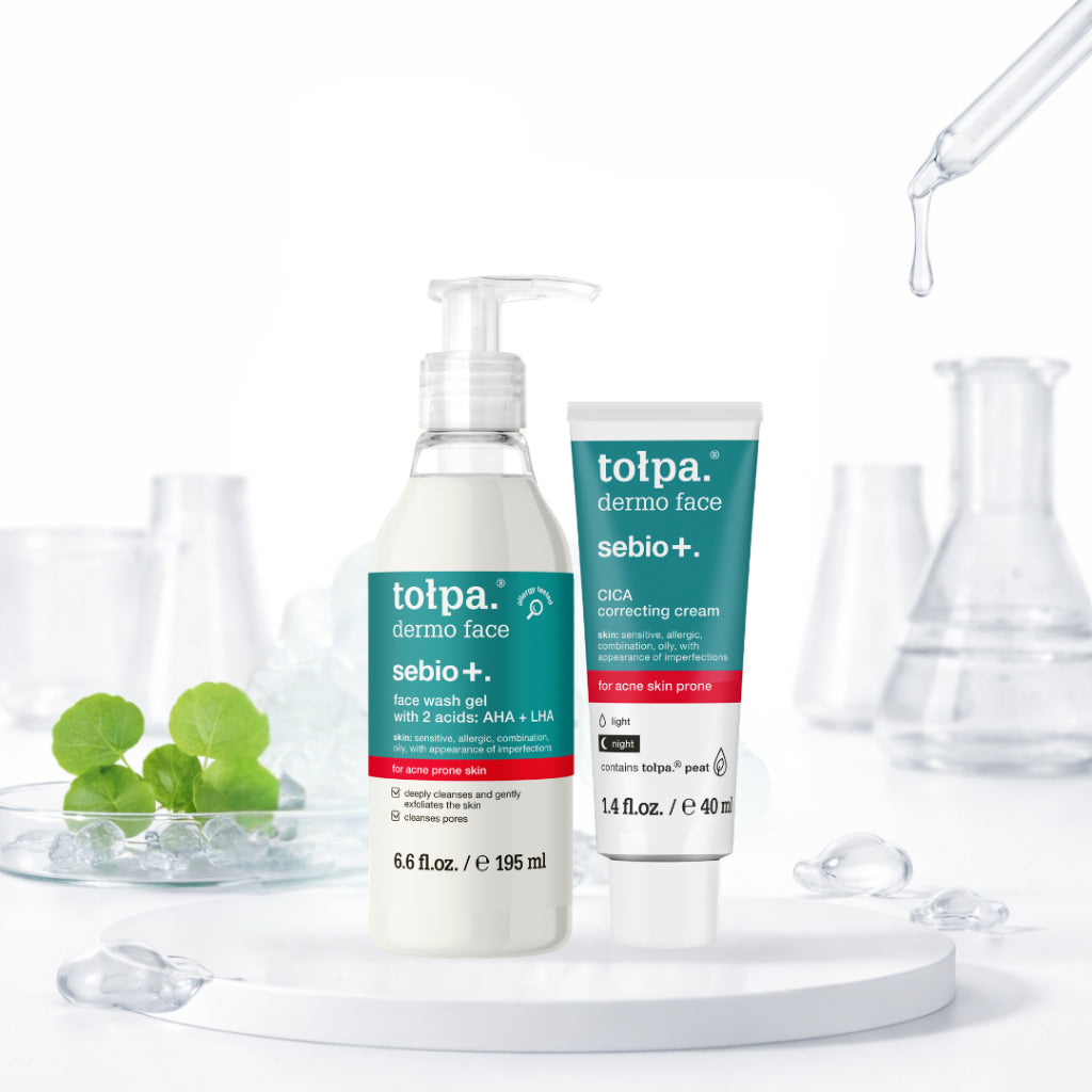 Tolpa Sebio+ Skincare Set | AHA LHA Face Wash Gel, Toner & CICA Correcting Cream for Blemish-Prone Skin