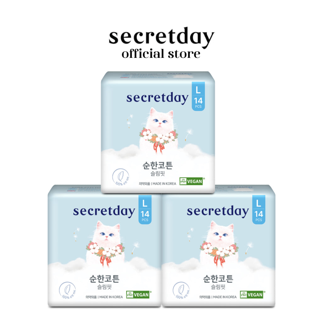 SECRETDAY Pure Cotton Slim Fit Sanitary Pads Large 29cm 14s | Ultra Soft & Slim | Breathable | Gentle for Sensitive Skin