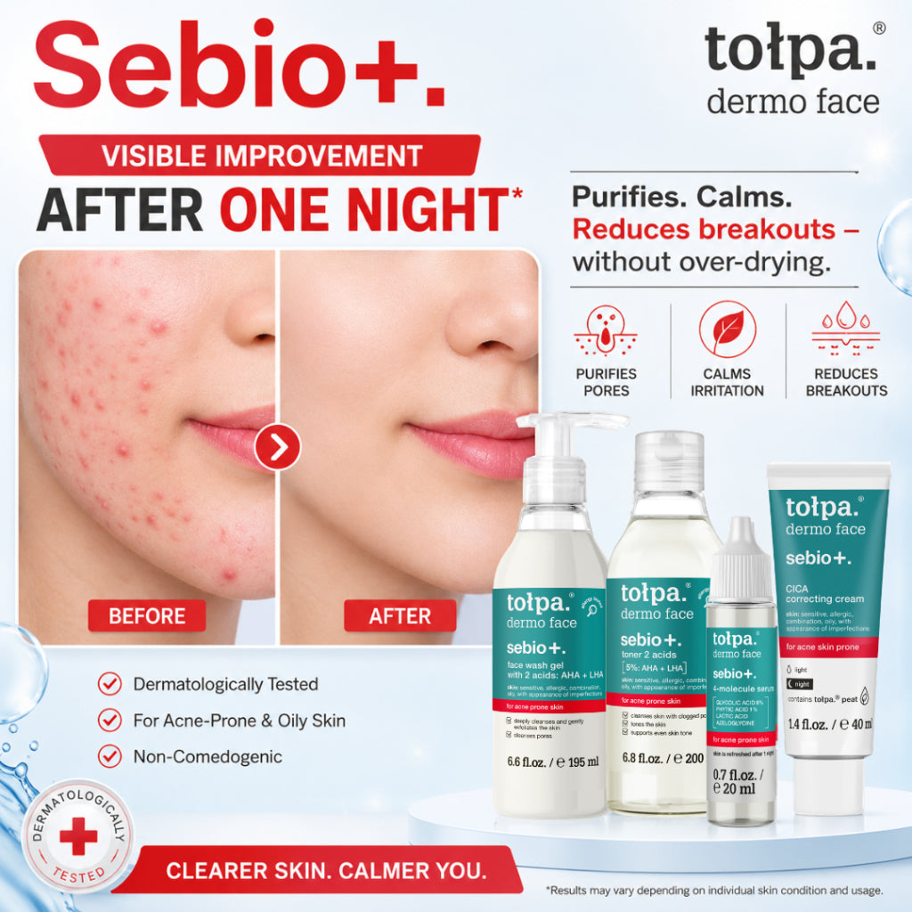 Tolpa Sebio+ Acne Treatment Set | AHA LHA Face Wash Gel | Toner | CICA Correcting Cream | Serum