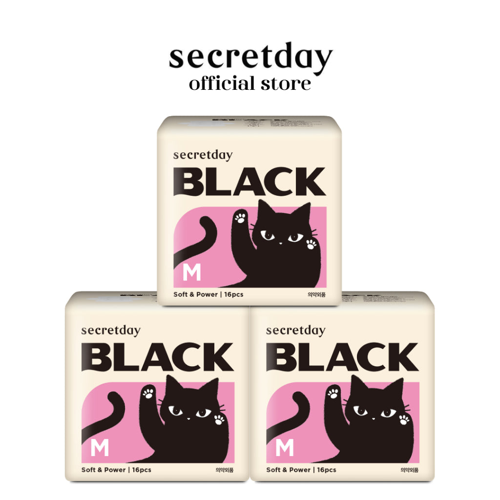 SECRETDAY Black Medium, 24.5CM, 16P | Strong Absorption | Prevent Leakage | Soft | Feminine Care