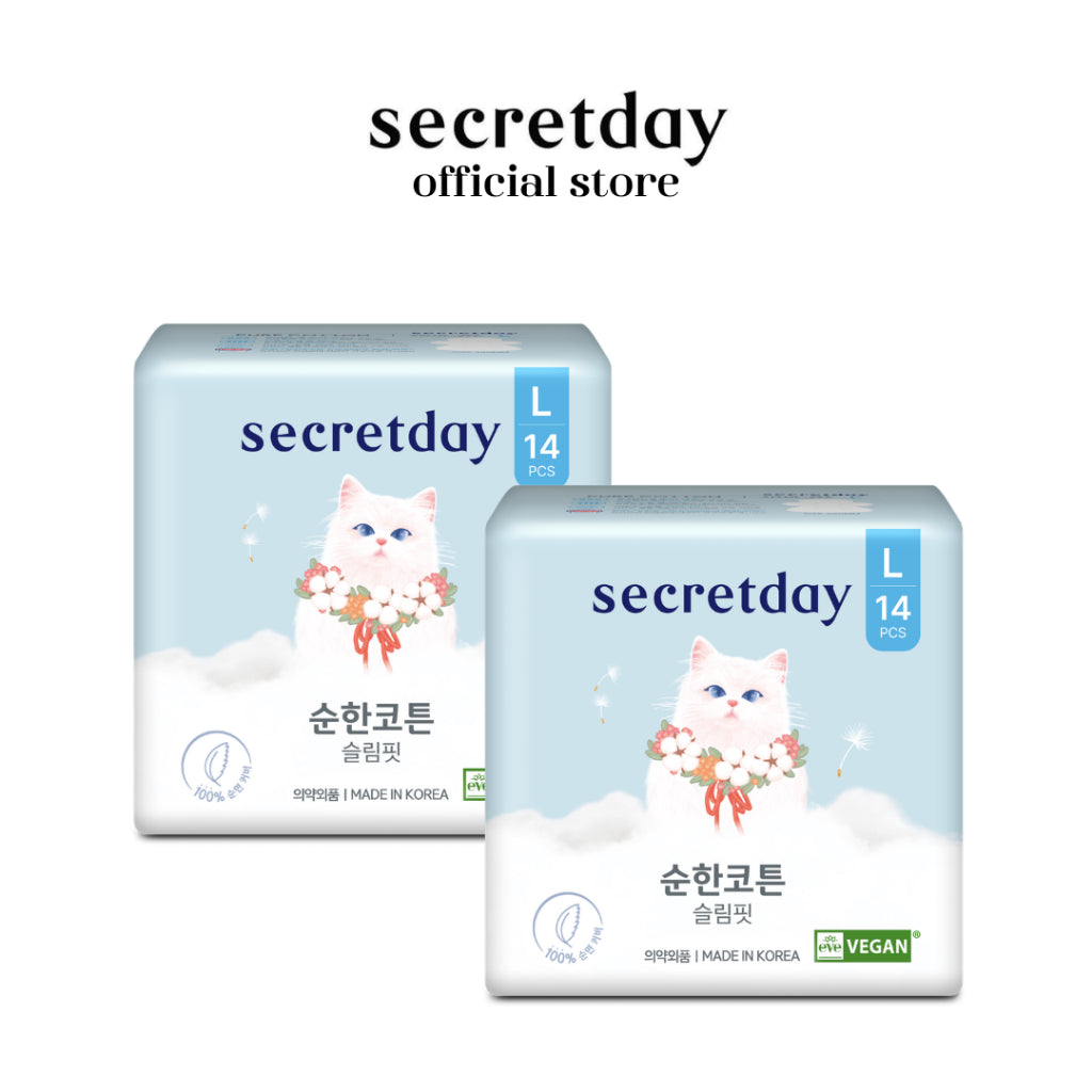 SECRETDAY Pure Cotton Slim Fit Sanitary Pads Large 29cm 14s | Ultra Soft & Slim | Breathable | Gentle for Sensitive Skin